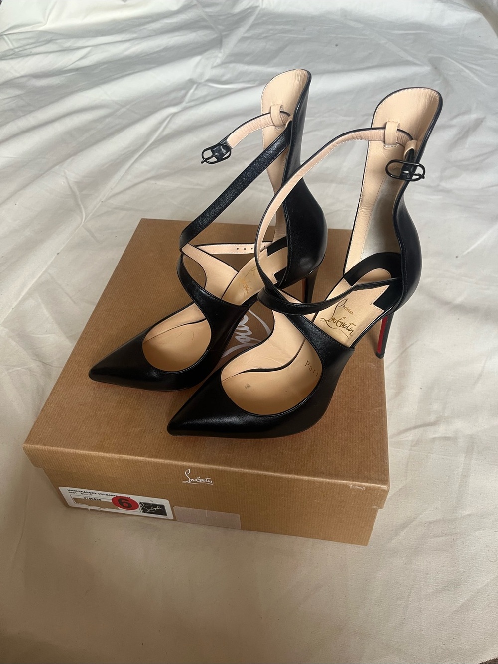 Christian Louboutin Marlenarock Black Leather Strappy Pointed-Toe Heels. Size 6